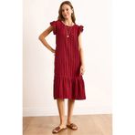 Olalook Kadın Bordo Kol Etek Fırfırlı Dokulu Midi Elbise ELB-19002364