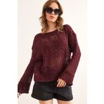 Olalook Kadın Bordo Minik Ponponlu Ajurlu Pamuk Triko Bluz BLZ-19002336
