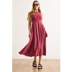 Olalook Kadın Bordo Modal Kolsuz Parçalı Maksi Çan Elbise ELB-19002473