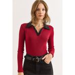 Olalook Kadın Bordo Siyah Renk Bloklu Polo Yaka Pamuk Esnek Bluz BLZ-19003104