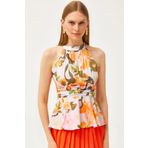 Olalook Kadın Büyük Çiçek Turuncu Halter Yaka Bel Detaylı Krep Bluz BLZ-19001505