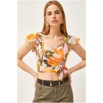 Olalook Kadın Büyük Çiçek Turuncu Yandan Fermuarlı Crop Krep Bluz BLZ-19003350