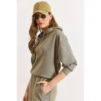 Olalook Kadın Çağla Yeşili Modal Tuşeli Kapüşonlu Fitil Detaylı Dökümlü Sweatshirt SWT-19000778