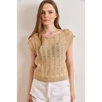 Olalook Kadın Camel Kayık Yaka Ajurlu Boho Crop Triko Bluz BLZ-19003250