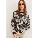 Olalook Kadın Çiçek Siyah Basic Yumuşak Dokulu Salaş Sweatshirt SWT-19000457