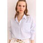 Olalook Kadın Desenli Mavi Tek Cepli Regular Fit Pamuk Gömlek GML-19001307