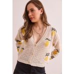 Olalook Kadın Ekru Ananas Motifli Ajurlu Crop Hırka HRK-19000360