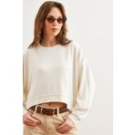 Olalook Kadın Ekru Modal Tuşeli Premium Oversize Dökümlü Sweatshirt SWT-19000713