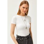 Olalook Kadın Ekru Yanı Büzgülü Yumuşak Tuşeli Crop Tişört TSH-19000801