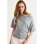Olalook Kadın Füme Mavi Drape Detaylı Çizgili Viskon Bluz BLZ-19003290