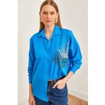 Olalook Kadın Gök Mavi Palmiye Pul Detaylı Oversize Dokuma Poplin Gömlek GML-19001016