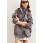 Olalook Kadın Gri Cepli Fermuarlı Çıtçıtlı Uzun Denim Ceket CKT-19000258