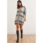 Olalook Kadın Gri Etnik Desenli Oversize Triko Hırka HRK-19000300