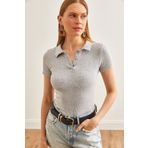 Olalook Kadın Gri Polo Yaka Düğmeli Likralı Bluz BLZ-19002558