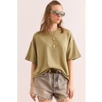 Olalook Kadın Haki Bisiklet Yaka Oversize Yumuşak Dokulu Tişört TSH-19000865