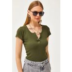 Olalook Kadın Haki Çıtçıtlı Kaşkorse T-Shirt BLZ-19000171