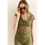Olalook Kadın Haki Roba Astarlı V Yaka Crop Dantel Bluz BLZ-19003002
