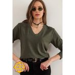 Olalook Kadın Haki V Yaka Yün Viskon Dökümlü Bluz BLZ-19002729