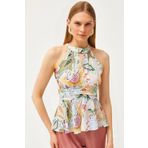 Olalook Kadın Jungle Çok Renkli Halter Yaka Bel Detaylı Krep Bluz BLZ-19001505