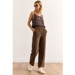 Olalook Kadın Kahverengi Beli Lastikli Önü Dikişli Yıkamalı Tok Keten Pantolon PNT-19000342