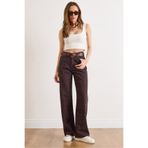Olalook Kadın Kahverengi Cepli Önü Taş Detaylı Wide Leg Denim Pantolon PNT-19000398