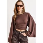 Olalook Kadın Kahverengi Drape Detaylı Geniş Kol Detaylı Bluz BLZ-19003292