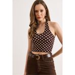 Olalook Kadın Kahverengi Halter Yaka Puantiye Crop Bluz BLZ-19003304