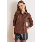 Olalook Kadın Kahverengi Önü Pensli Slim Fit Dokuma Gömlek GML-19001422