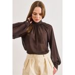 Olalook Kadın Kahverengi Yaka Fermuarlı Sırtı Volanlı Boho Şık Tül Bluz BLZ-19003246