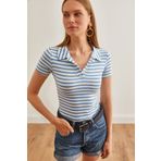 Olalook Kadın Kalın Çizgili Bebe Mavi Polo Yaka Düğmeli Likralı Bluz BLZ-19002558