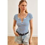 Olalook Kadın Kalın Fitilli Saks Mavi Çıtçıtlı Kaşkorse Bluz BLZ-19000171