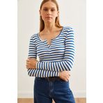 Olalook Kadın Kalın Fitilli Saks Mavi Patlı Kaşkorse Bluz BLZ-19000588