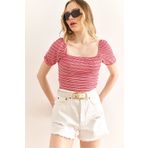 Olalook Kadın Kırmızı Çizgili Çizgili Crop Örme Bluz BLZ-19002993