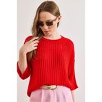 Olalook Kadın Kırmızı Saç Örgü Ajurlu Loose Fit Mevsimlik Triko Bluz BLZ-19003225