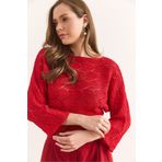 Olalook Kadın Kırmızı Yaprak Desenli Yarasa Pamuk Triko Bluz BLZ-19002493