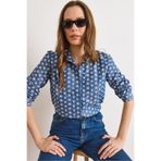 Olalook Kadın Koyu Mavi Minik Çiçekli Nakışlı Denim Görünümlü Gömlek GML-19001411