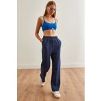 Olalook Kadın Lacivert Beli Lastikli Cepli Müslin Pantolon PNT-19000279