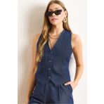 Olalook Kadın Lacivert Fleto Cep Düğmeli Astarlı Denim Yelek YLK-19000074