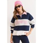 Olalook Kadın Lacivert Pembe Polo Yaka Renk Detaylı Oversize Şardonlu Sweatshirt SWT-19000783