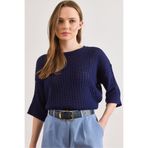 Olalook Kadın Lacivert Saç Örgü Ajurlu Loose Fit Mevsimlik Triko Bluz BLZ-19003225