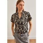 Olalook Kadın Leopar Taş Animal Print Dökümlü Yarasa Viskon Gömlek