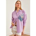 Olalook Kadın Lila Palmiye Pul Detaylı Oversize Dokuma Poplin Gömlek GML-19001016