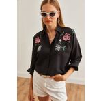 Olalook Kadın Lilyum Siyah Nakış Detaylı Oversize Dokuma Gömlek GML-19001228