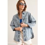 Olalook Kadın Mavi Boncuk ve Taş Detaylı Oversize Denim Ceket CKT-19000433