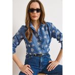 Olalook Kadın Mavi Büyük Çiçekli Nakışlı Denim Görünümlü Gömlek GML-19001410