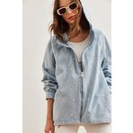 Olalook Kadın Mavi Fermuarlı Cepli Kapüşonlu Nakış Detaylı Denim Ceket CKT-19000380