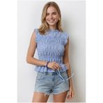 Olalook Kadın Mavi Gipeli Crop Pötikare Dokuma Bluz BLZ-19003364