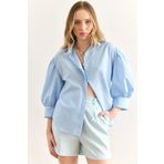 Olalook Kadın Mavi Gizli Patlı Balon Kol Terry Cotton Gömlek GML-19001280