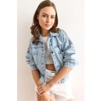 Olalook Kadın Mavi Omuzu Sırtı Metal Boncuk Garnili Pamuk Denim Ceket CKT-19000446