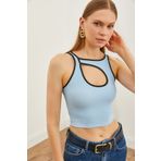 Olalook Kadın Mavi Roba Detaylı İnce Fitilli Crop Bluz BLZ-19002622